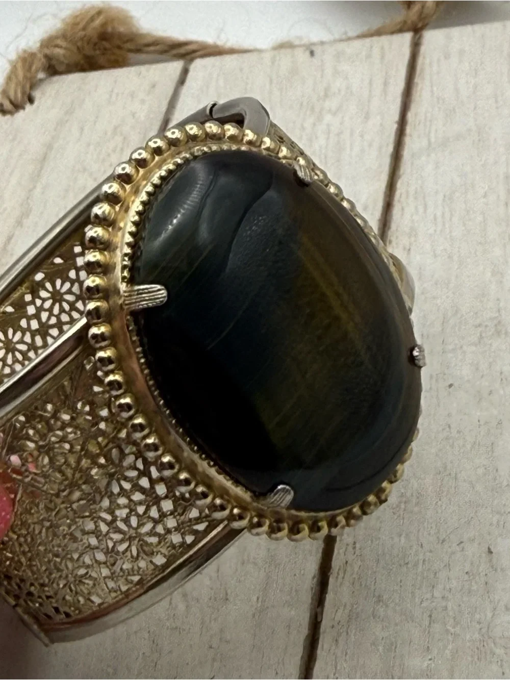 Large Gold Filigree Cuff Bracelet with Large Brown tiger eye Stone